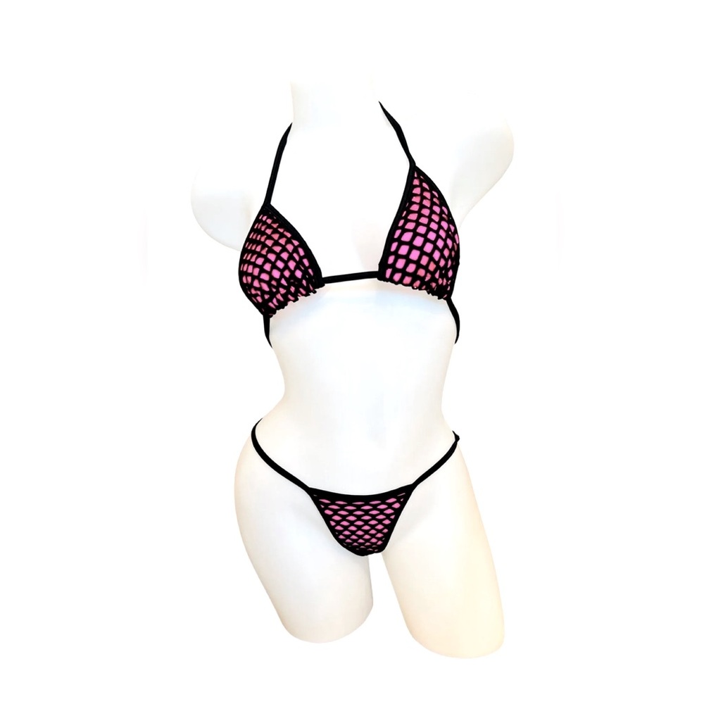 Model Express Two Tone Bright Hot Pink and Black Fishnet String Bikini O/S NWOT